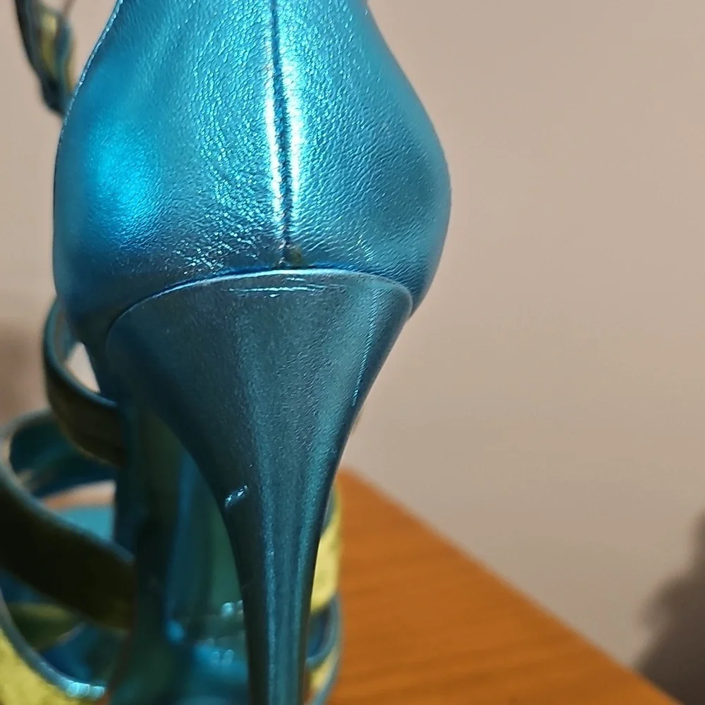 Tom Ford Teal and Lime Green Satin Strappy High Heel Sandals - Picture 8 of 13